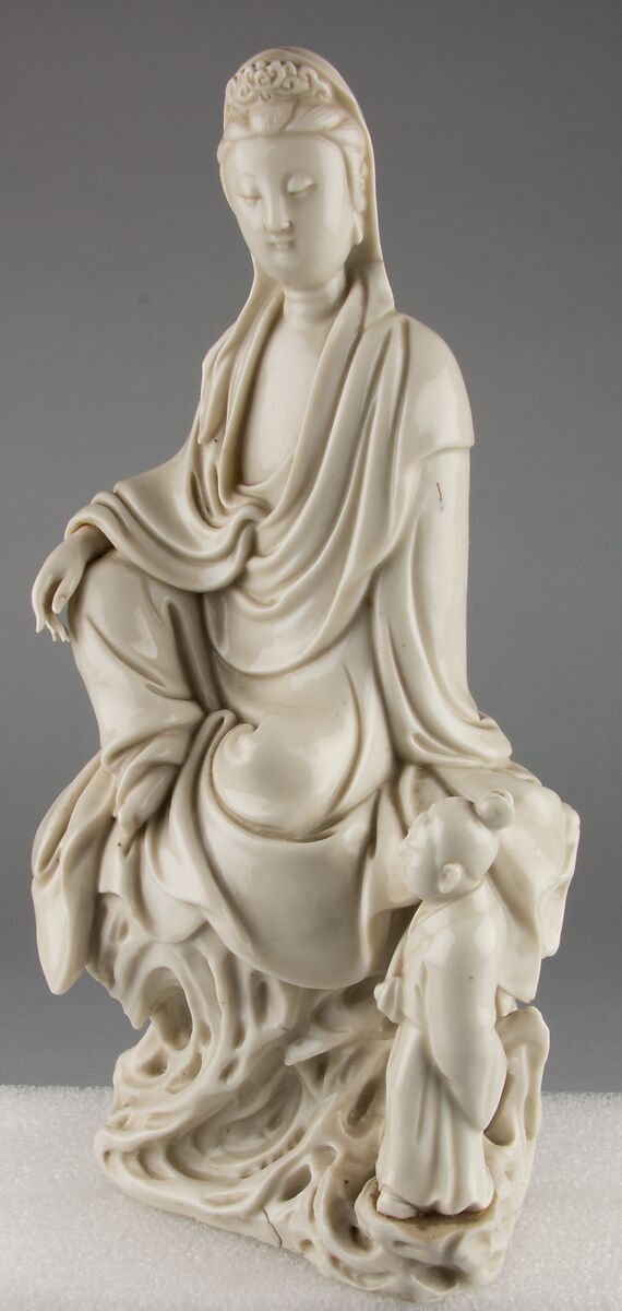 Seated bodhisattva Guanyin with an attendant, Porcelain with ivory glaze (Dehua ware), China