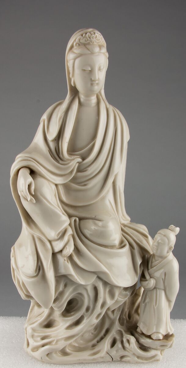 Seated bodhisattva Guanyin with an attendant, Porcelain with ivory glaze (Dehua ware), China 