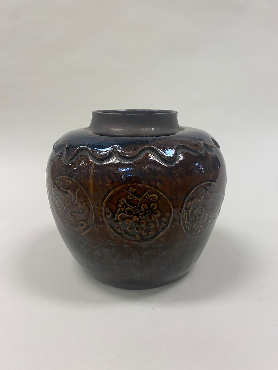 Jar with floral medallions, Stoneware with low-relief decoration under brown glaze, China 