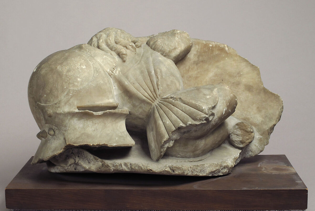 Boy Mourner resting on Helmet and Shield, Alabaster with traces of paint, South Netherlandish or Rhenish 