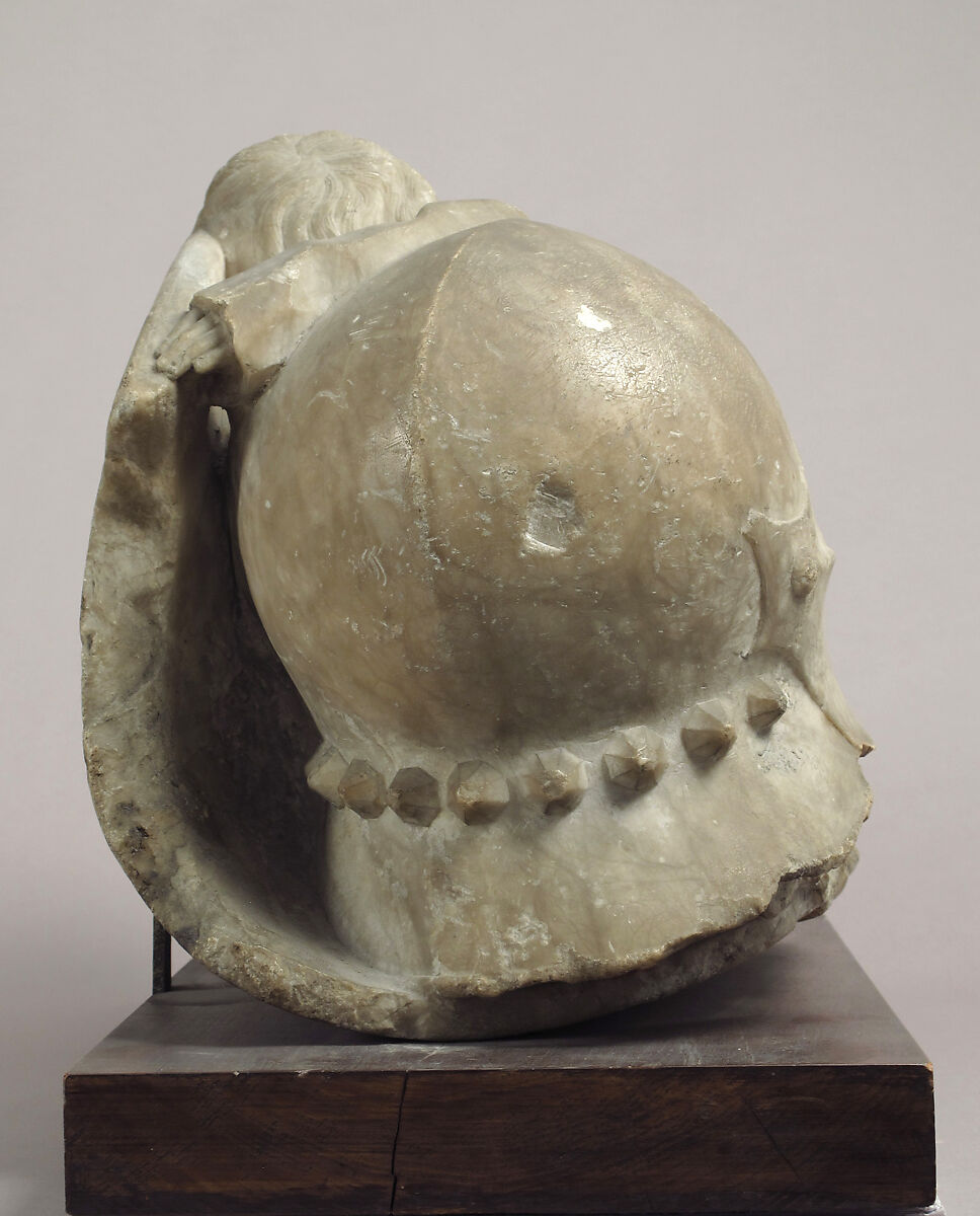 Boy Mourner resting on Helmet and Shield, Alabaster with traces of paint, South Netherlandish or Rhenish