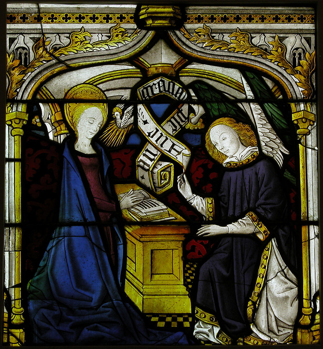 The Annunciation, Pot-metal, white glass, vitreous paint, silver stain, French 