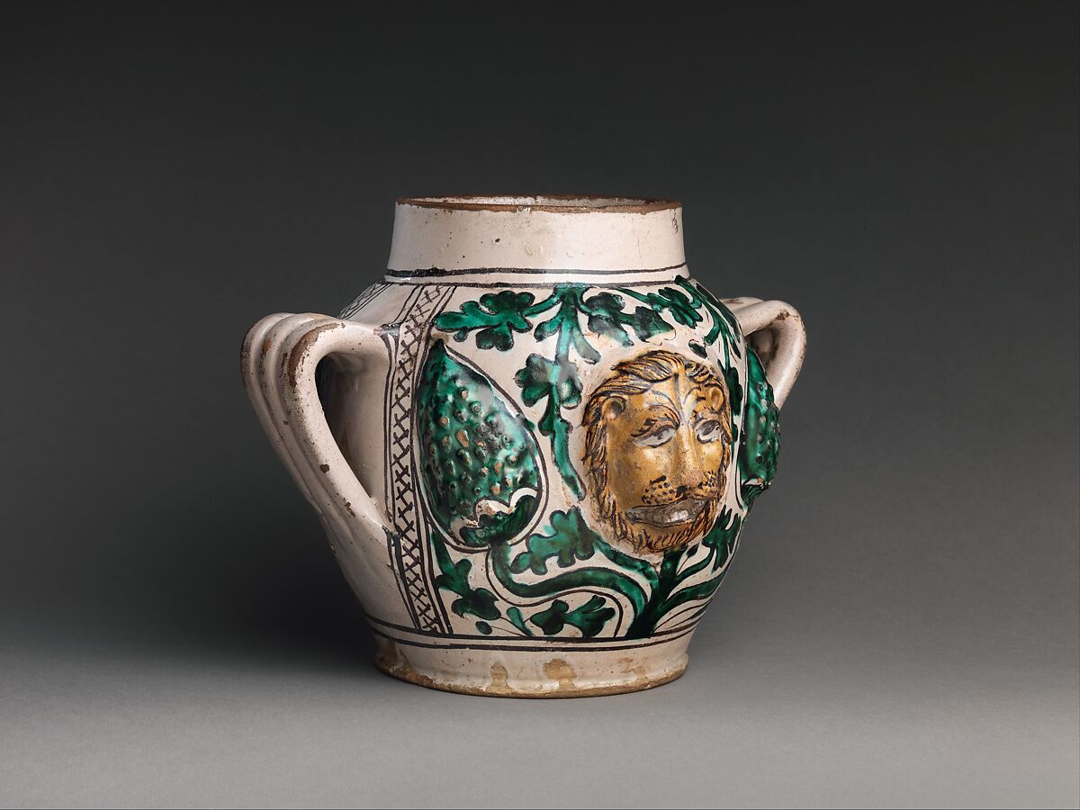 Two-Handled Jar with Lions' Heads, Tin-glazed earthenware
, Italian