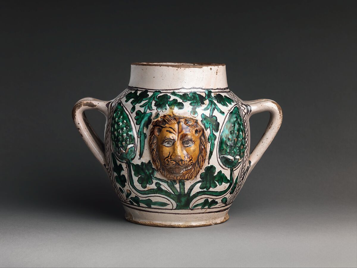 Two-Handled Jar with Lions' Heads, Tin-glazed earthenware
, Italian 