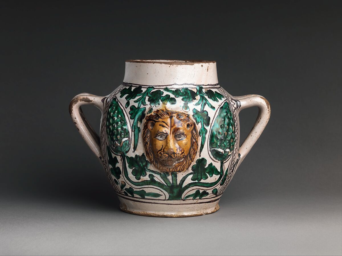 Two-Handled Jar with Lions' Heads, Tin-glazed earthenware, Italian