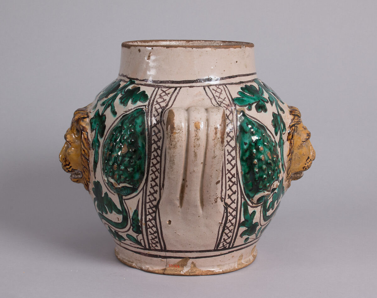 Two-Handled Jar with Lions' Heads, Tin-glazed earthenware
, Italian
