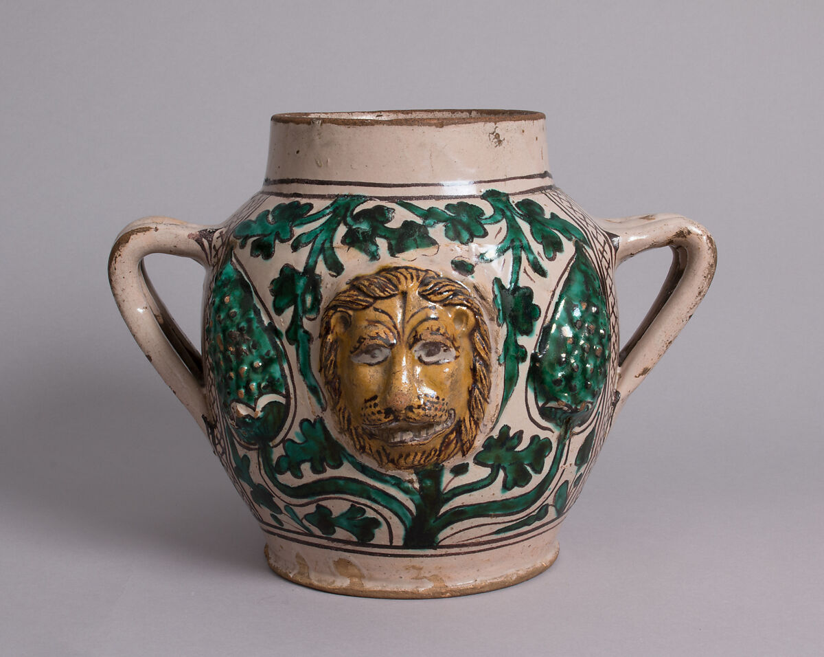 Two-Handled Jar with Lions' Heads, Tin-glazed earthenware
, Italian
