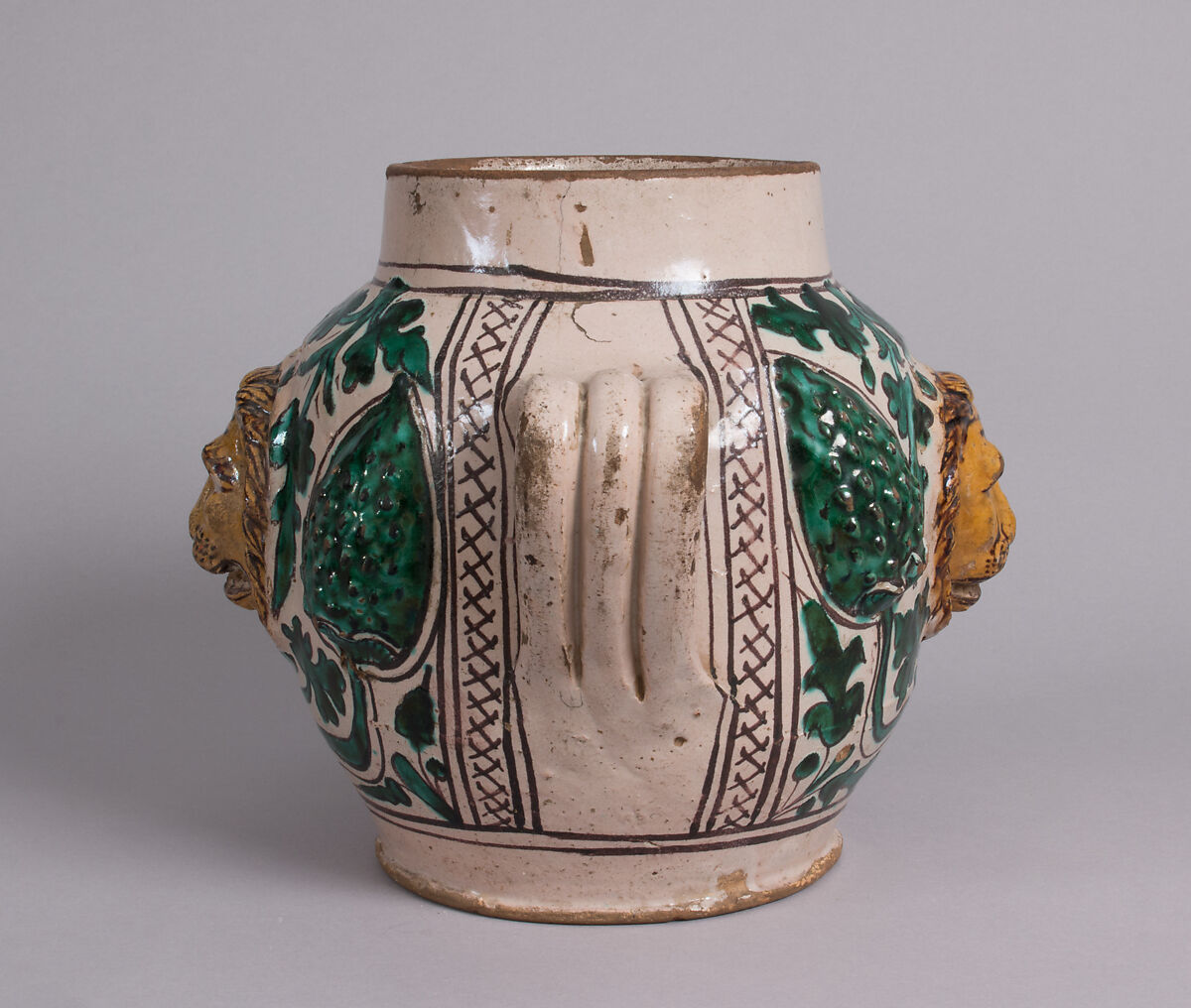 Two-Handled Jar with Lions' Heads, Tin-glazed earthenware
, Italian