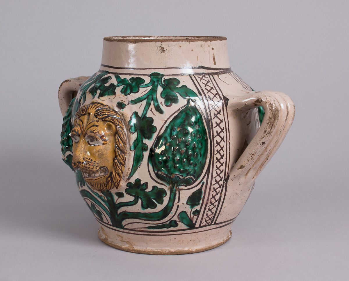 Two-Handled Jar with Lions' Heads, Tin-glazed earthenware
, Italian