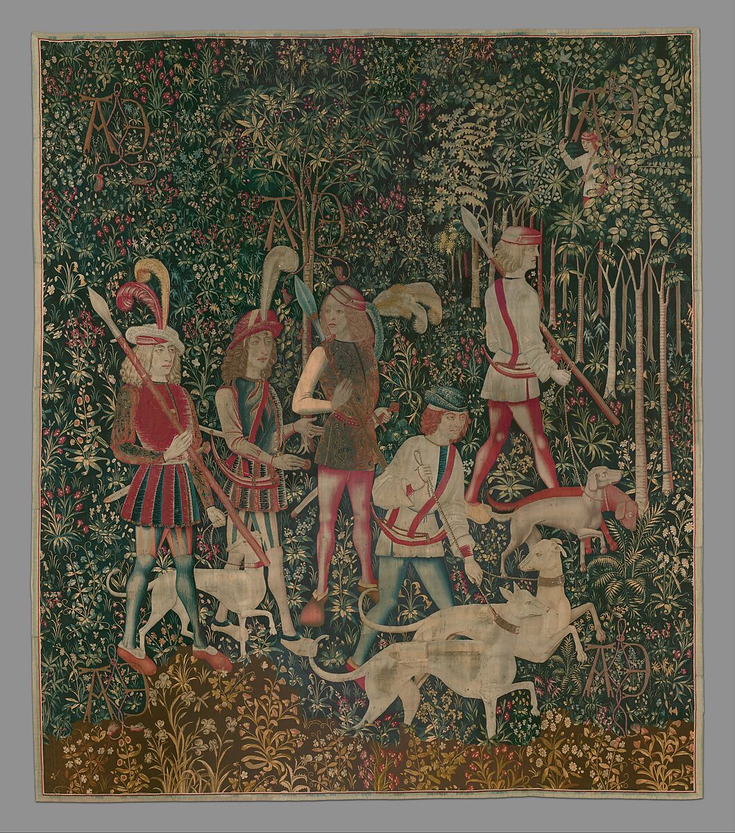 The Hunters Enter the Woods (from the Unicorn Tapestries), Wool warp, wool, silk, silver, and gilt wefts, French (cartoon)/South Netherlandish (woven)