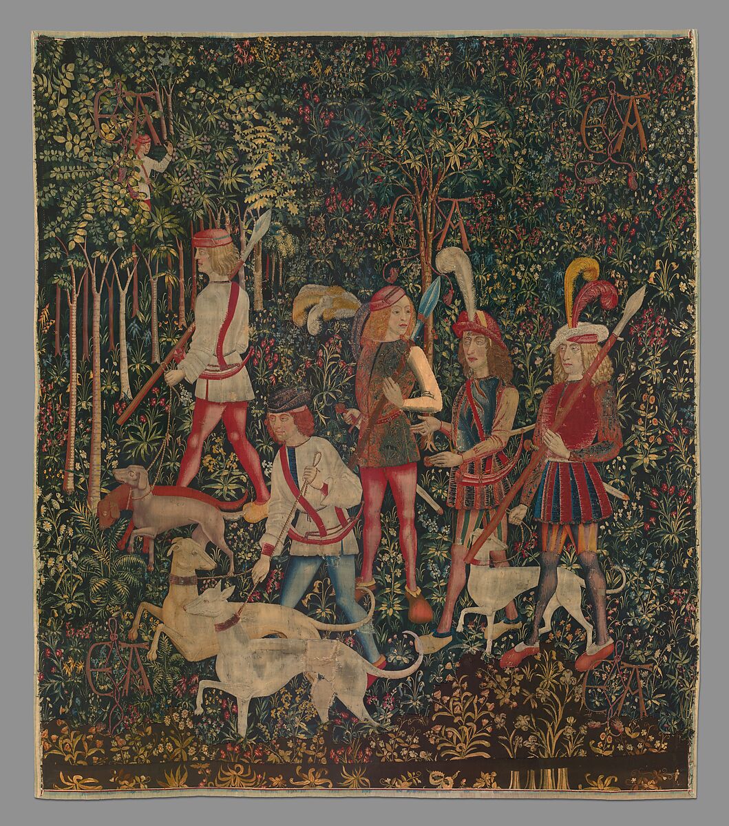 The Hunters Enter the Woods (from the Unicorn Tapestries), Wool warp, wool, silk, silver, and gilt wefts, French (cartoon)/South Netherlandish (woven)