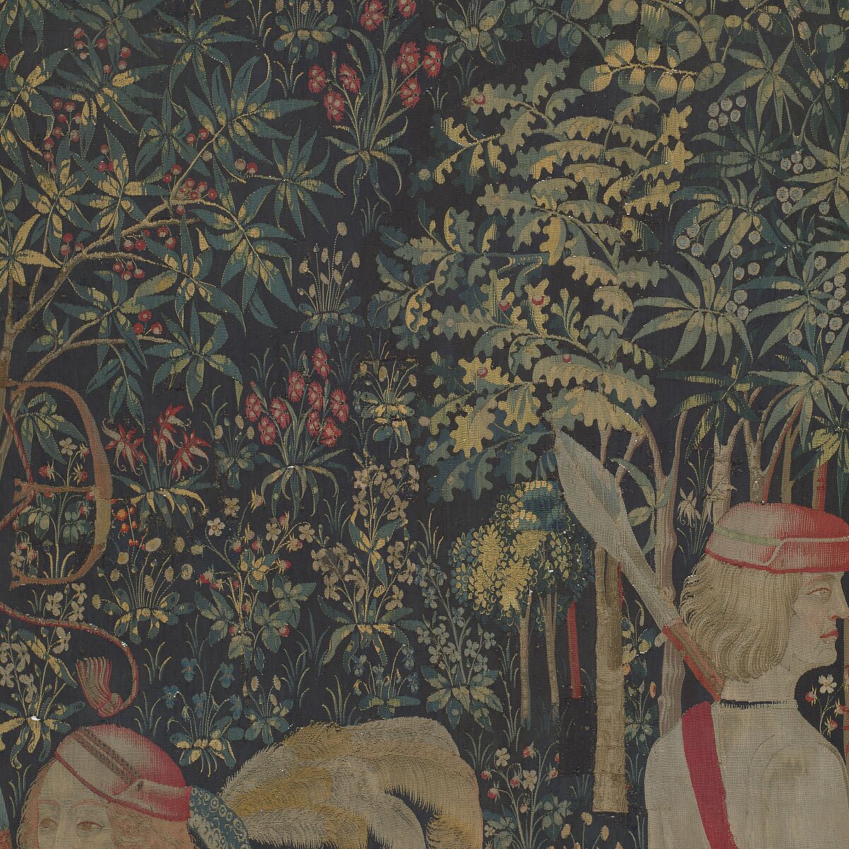 The Hunters Enter the Woods (from the Unicorn Tapestries), Wool warp, wool, silk, silver, and gilt wefts, French (cartoon)/South Netherlandish (woven)