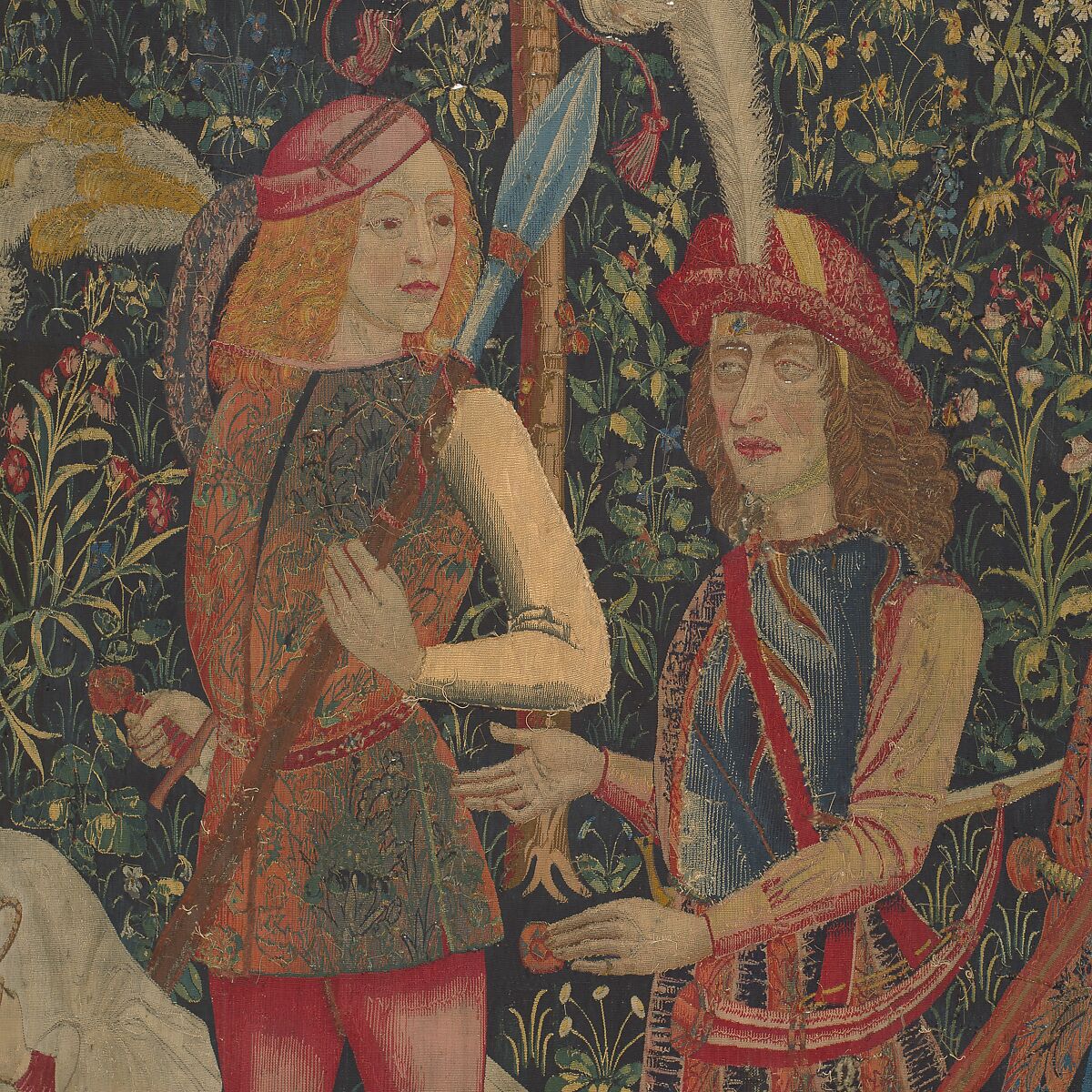 The Hunters Enter the Woods (from the Unicorn Tapestries), Wool warp, wool, silk, silver, and gilt wefts, French (cartoon)/South Netherlandish (woven)