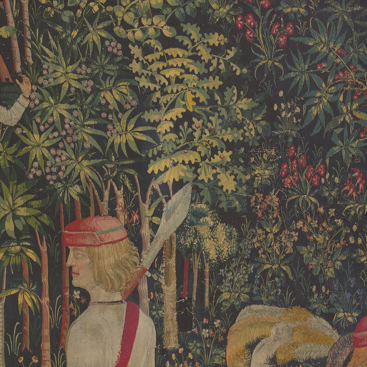 The Hunters Enter the Woods (from the Unicorn Tapestries), Wool warp, wool, silk, silver, and gilt wefts, French (cartoon)/South Netherlandish (woven)