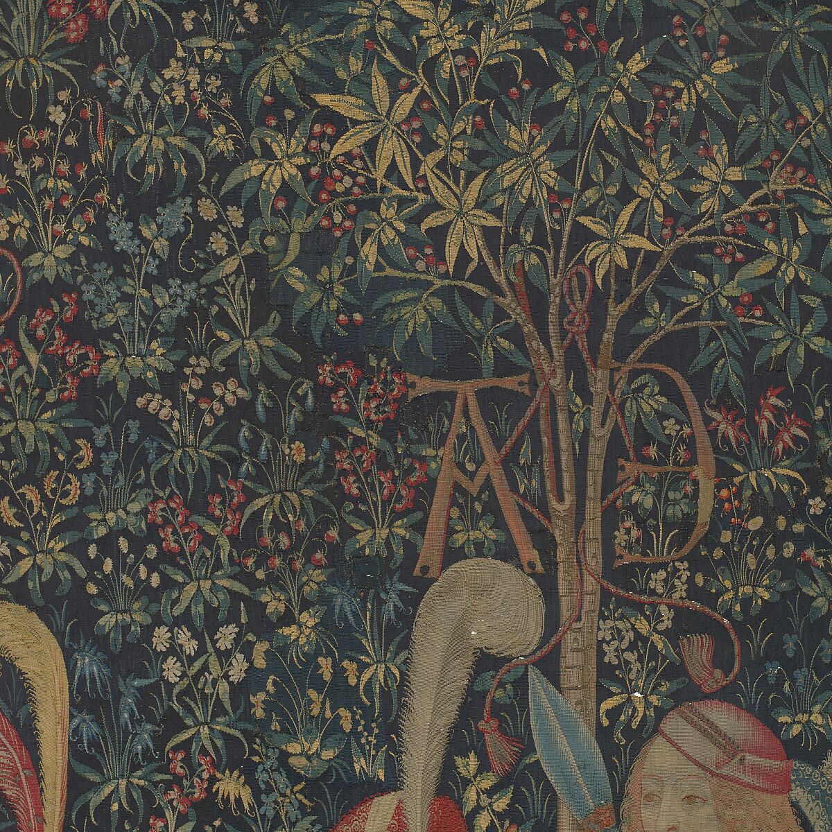 The Hunters Enter the Woods (from the Unicorn Tapestries), Wool warp, wool, silk, silver, and gilt wefts, French (cartoon)/South Netherlandish (woven)