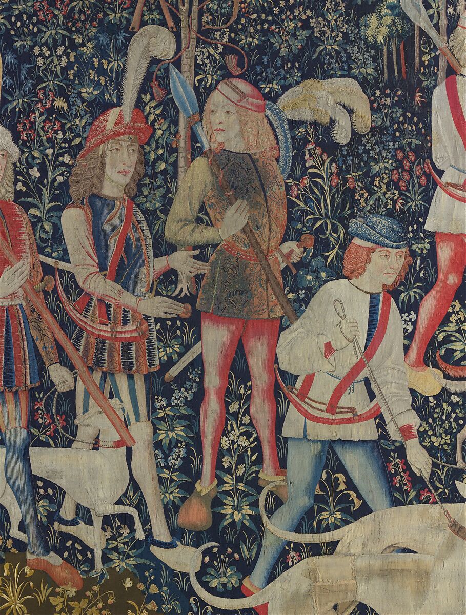 The Hunters Enter the Woods (from the Unicorn Tapestries), Wool warp, wool, silk, silver, and gilt wefts, French (cartoon)/South Netherlandish (woven)