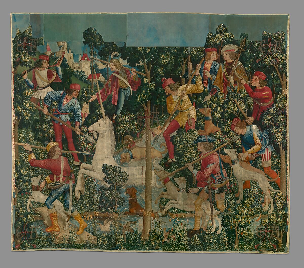 The Unicorn Crosses a Stream (from the Unicorn Tapestries), Wool warp with wool, silk, silver, and gilt wefts, French (cartoon)/South Netherlandish (woven)