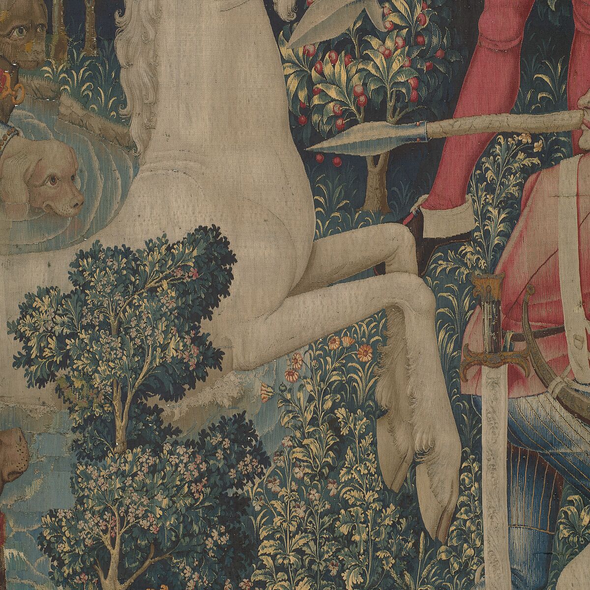 The Unicorn Crosses a Stream (from the Unicorn Tapestries), Wool warp with wool, silk, silver, and gilt wefts, French (cartoon)/South Netherlandish (woven)