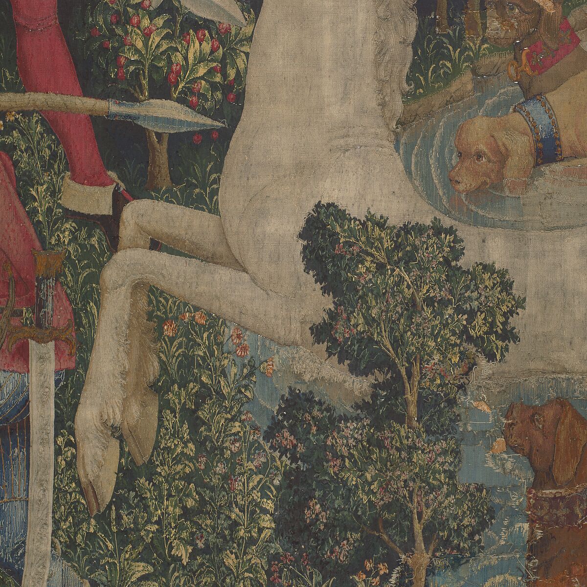 The Unicorn Crosses a Stream (from the Unicorn Tapestries), Wool warp with wool, silk, silver, and gilt wefts, French (cartoon)/South Netherlandish (woven)