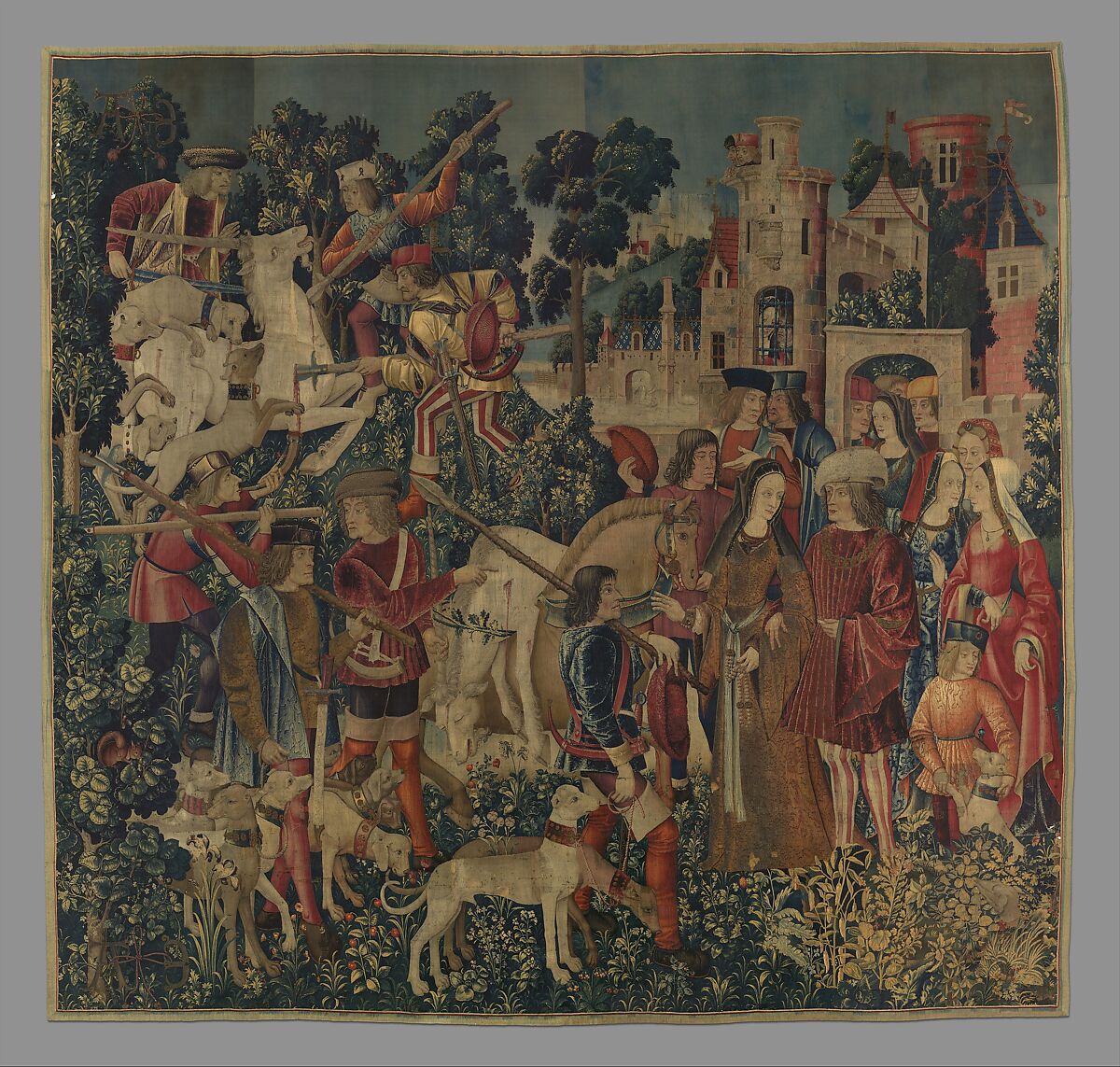 The Hunters Return to the Castle (from the Unicorn Tapestries), Wool warp with wool, silk, silver, and gilt wefts, French (cartoon)/South Netherlandish (woven) 