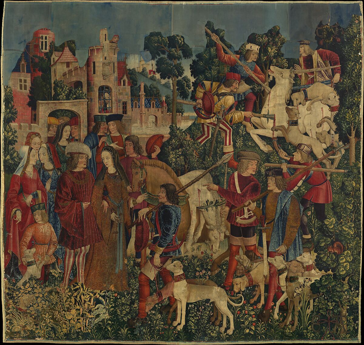 The Hunters Return to the Castle (from the Unicorn Tapestries), Wool warp with wool, silk, silver, and gilt wefts, French (cartoon)/South Netherlandish (woven)