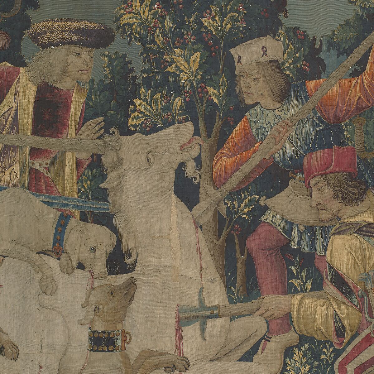 The Hunters Return to the Castle (from the Unicorn Tapestries), Wool warp with wool, silk, silver, and gilt wefts, French (cartoon)/South Netherlandish (woven)