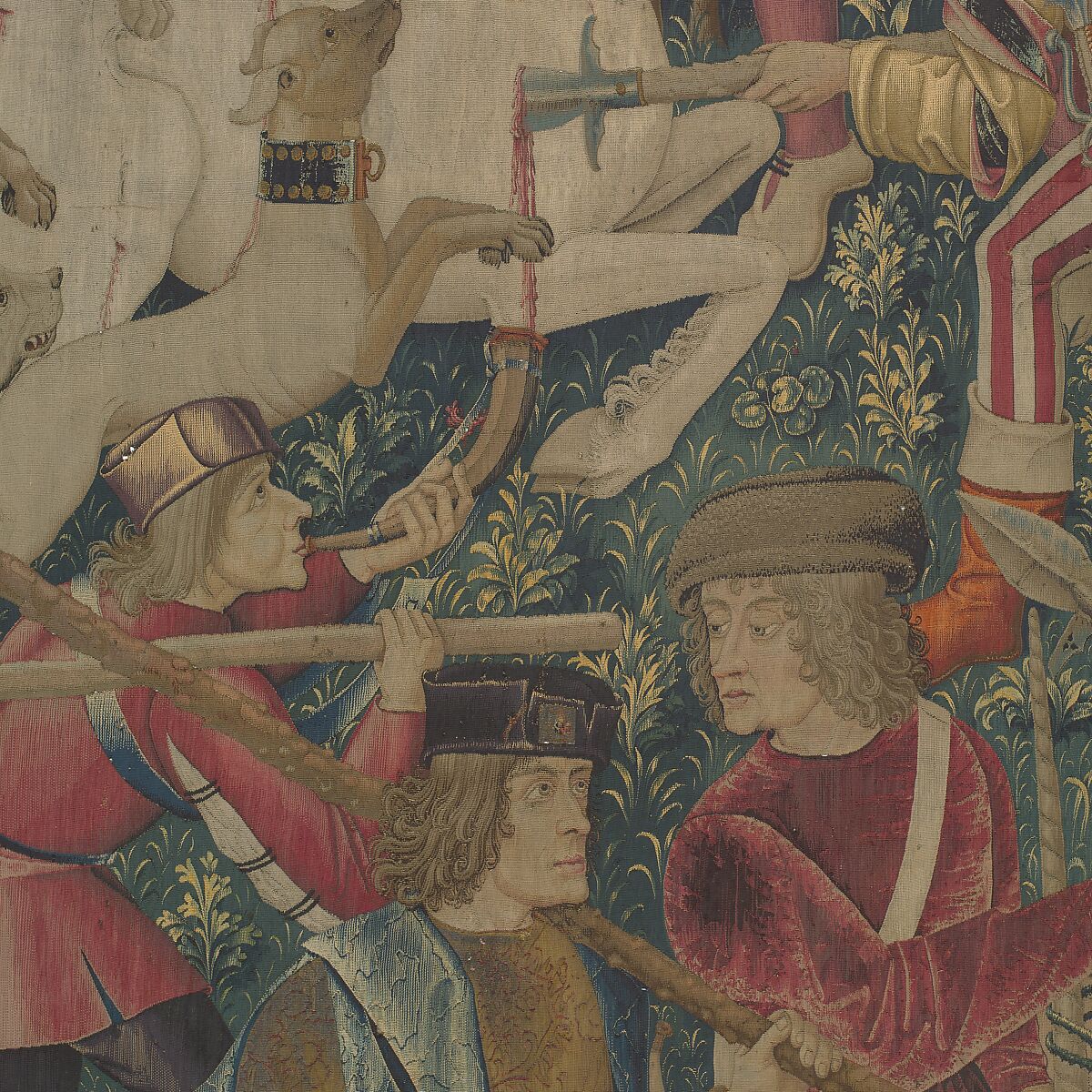 The Hunters Return to the Castle (from the Unicorn Tapestries), Wool warp with wool, silk, silver, and gilt wefts, French (cartoon)/South Netherlandish (woven)