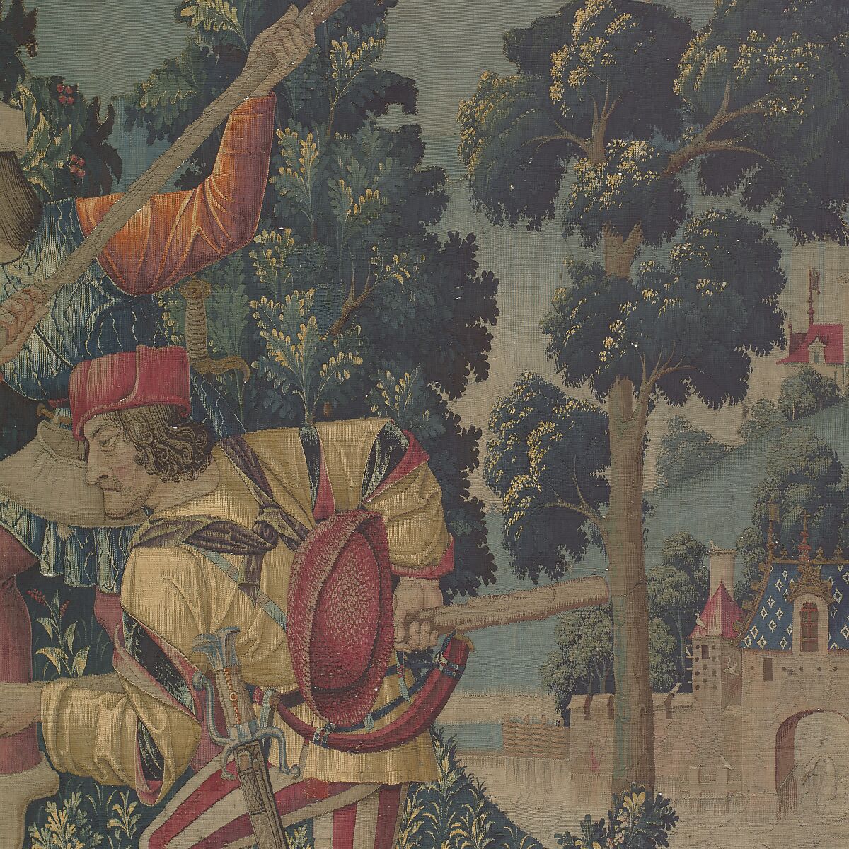 The Hunters Return to the Castle (from the Unicorn Tapestries), Wool warp with wool, silk, silver, and gilt wefts, French (cartoon)/South Netherlandish (woven)