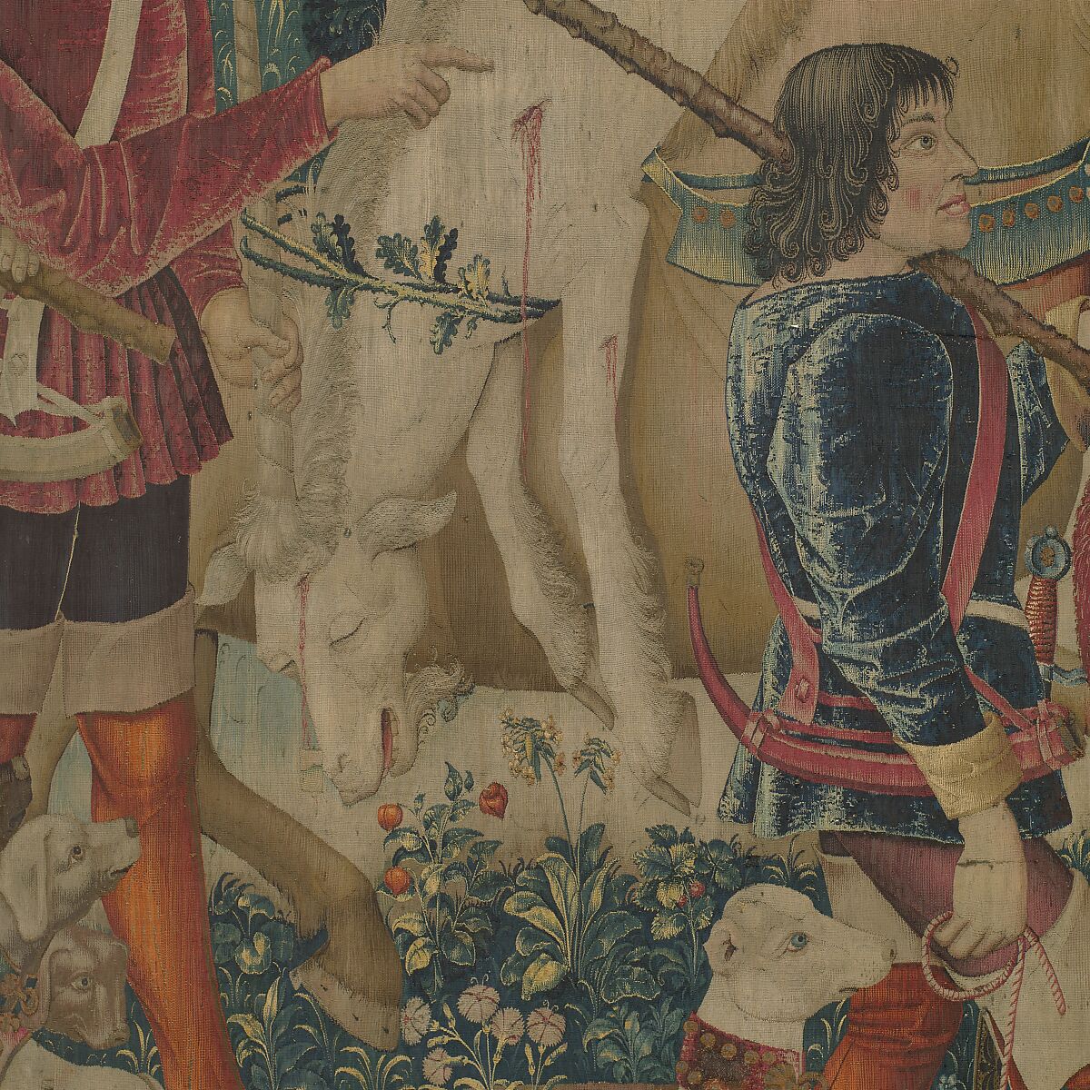 The Hunters Return to the Castle (from the Unicorn Tapestries), Wool warp with wool, silk, silver, and gilt wefts, French (cartoon)/South Netherlandish (woven)
