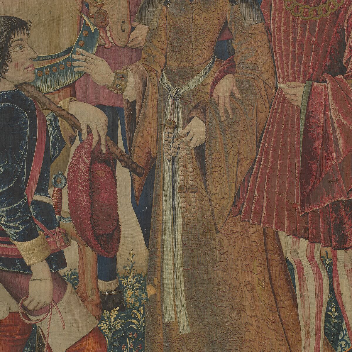 The Hunters Return to the Castle (from the Unicorn Tapestries), Wool warp with wool, silk, silver, and gilt wefts, French (cartoon)/South Netherlandish (woven)