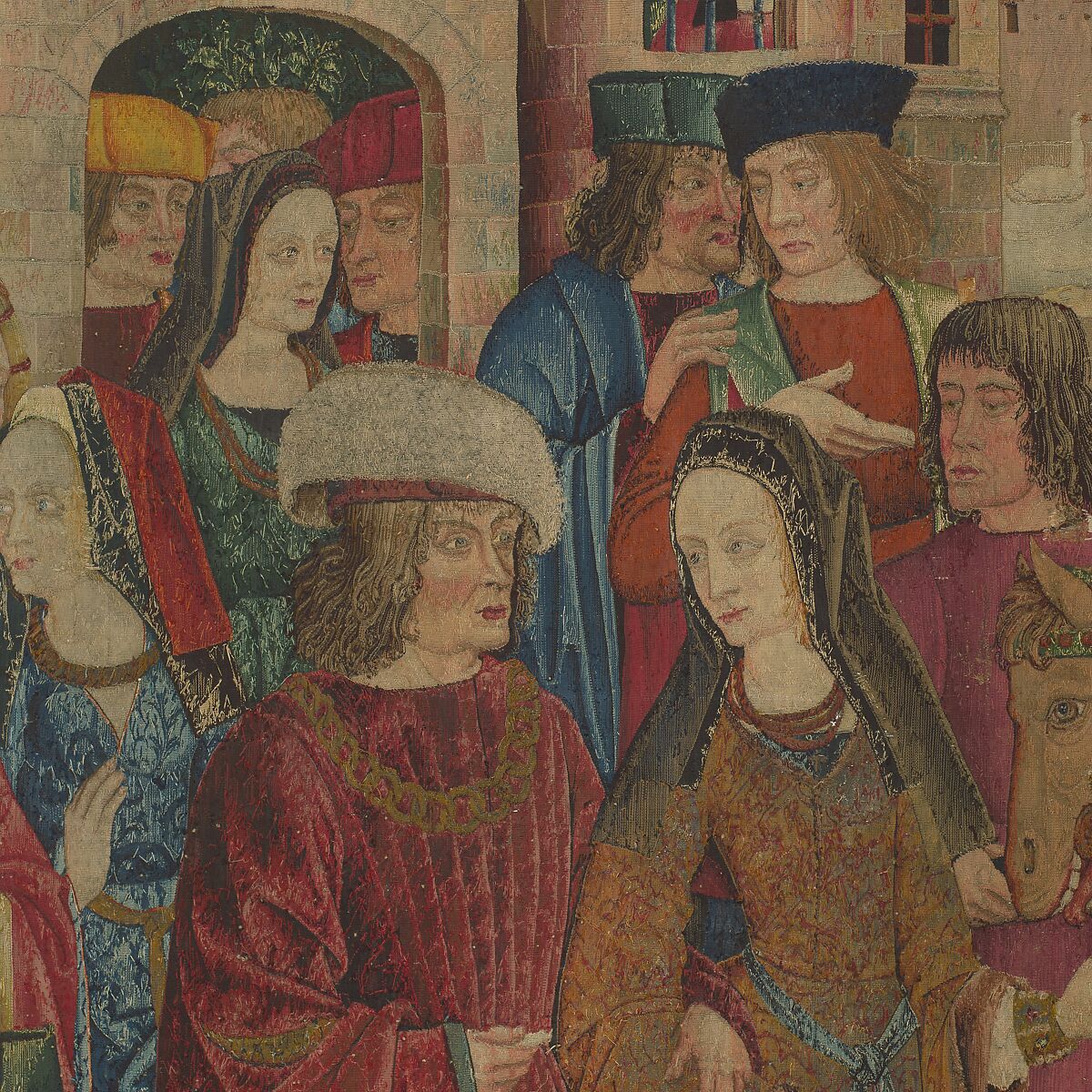 The Hunters Return to the Castle (from the Unicorn Tapestries), Wool warp with wool, silk, silver, and gilt wefts, French (cartoon)/South Netherlandish (woven)