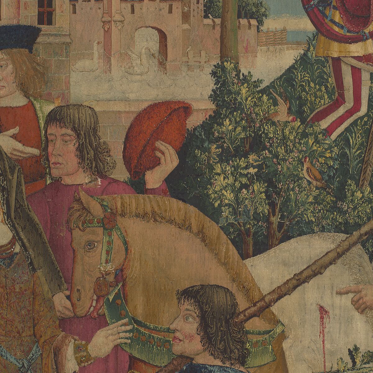 The Hunters Return to the Castle (from the Unicorn Tapestries), Wool warp with wool, silk, silver, and gilt wefts, French (cartoon)/South Netherlandish (woven)