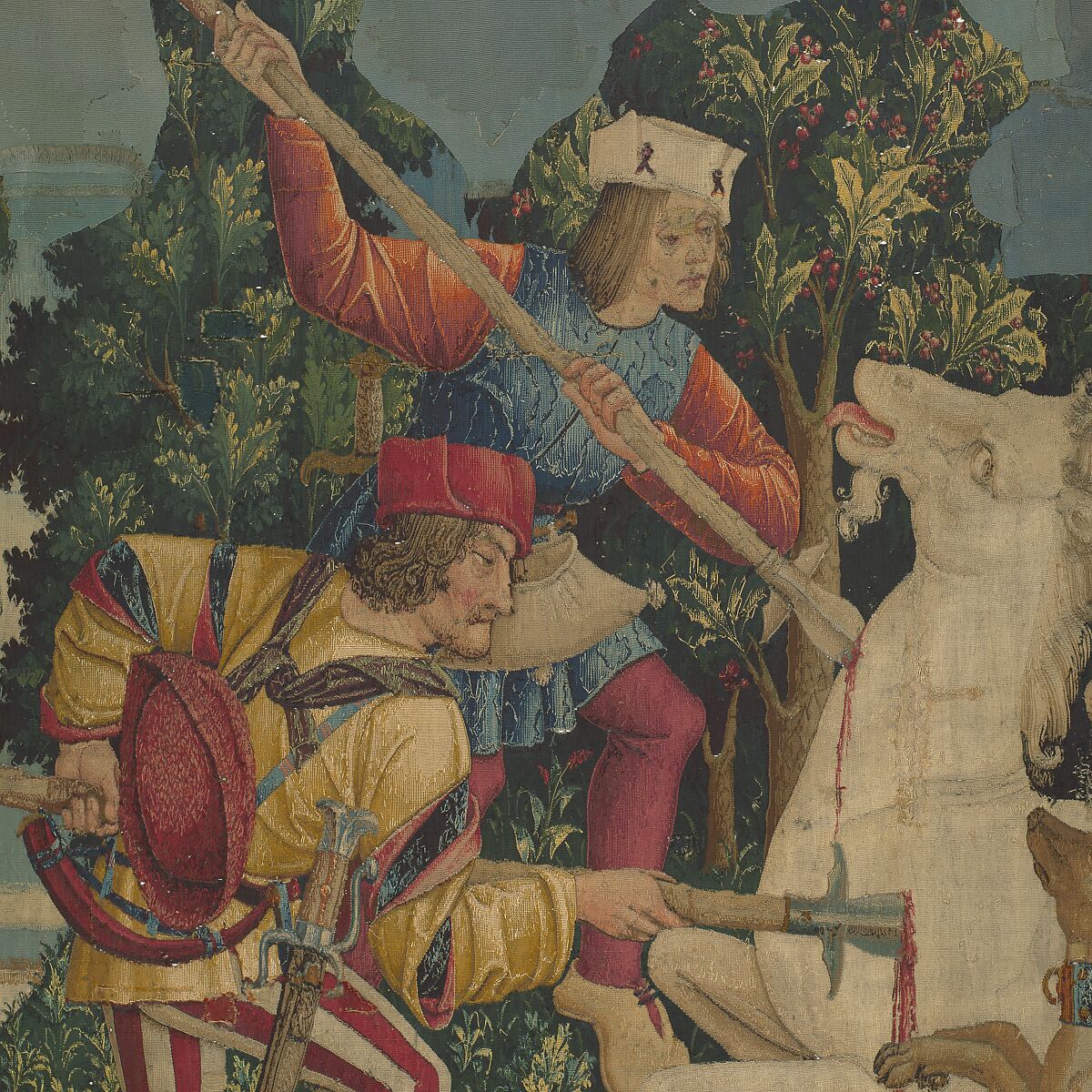 The Hunters Return to the Castle (from the Unicorn Tapestries), Wool warp with wool, silk, silver, and gilt wefts, French (cartoon)/South Netherlandish (woven)