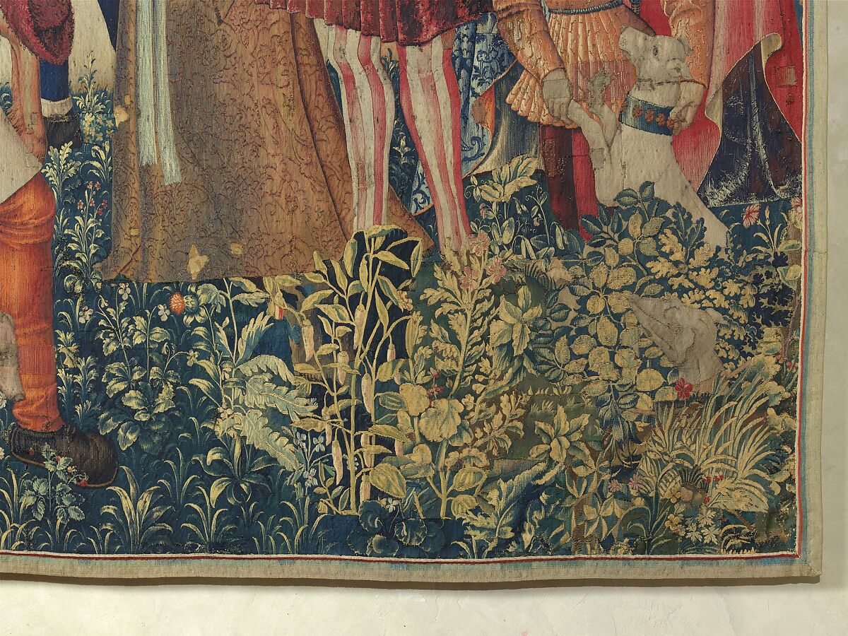 The Hunters Return to the Castle (from the Unicorn Tapestries), Wool warp with wool, silk, silver, and gilt wefts, French (cartoon)/South Netherlandish (woven)