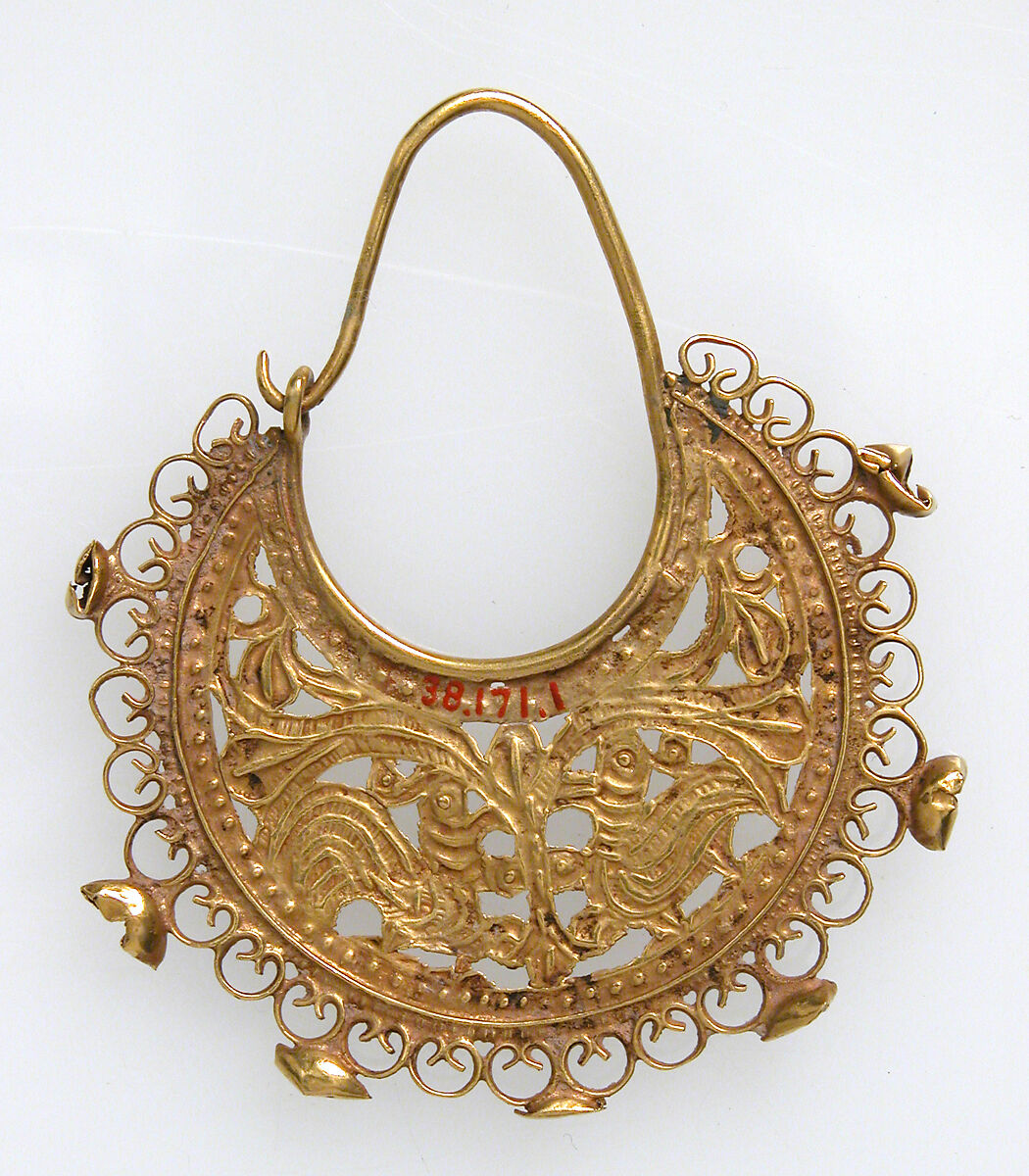 Gold Half Moon-Shaped Earring with Peacocks, Gold, Byzantine