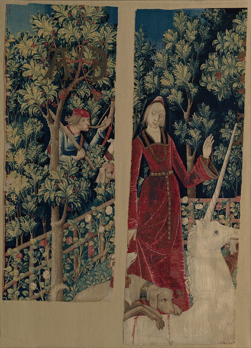 The Unicorn Surrenders to a Maiden (from the Unicorn Tapestries), Wool warp with wool, silk, silver, and gilt wefts, French (cartoon)/South Netherlandish (woven)