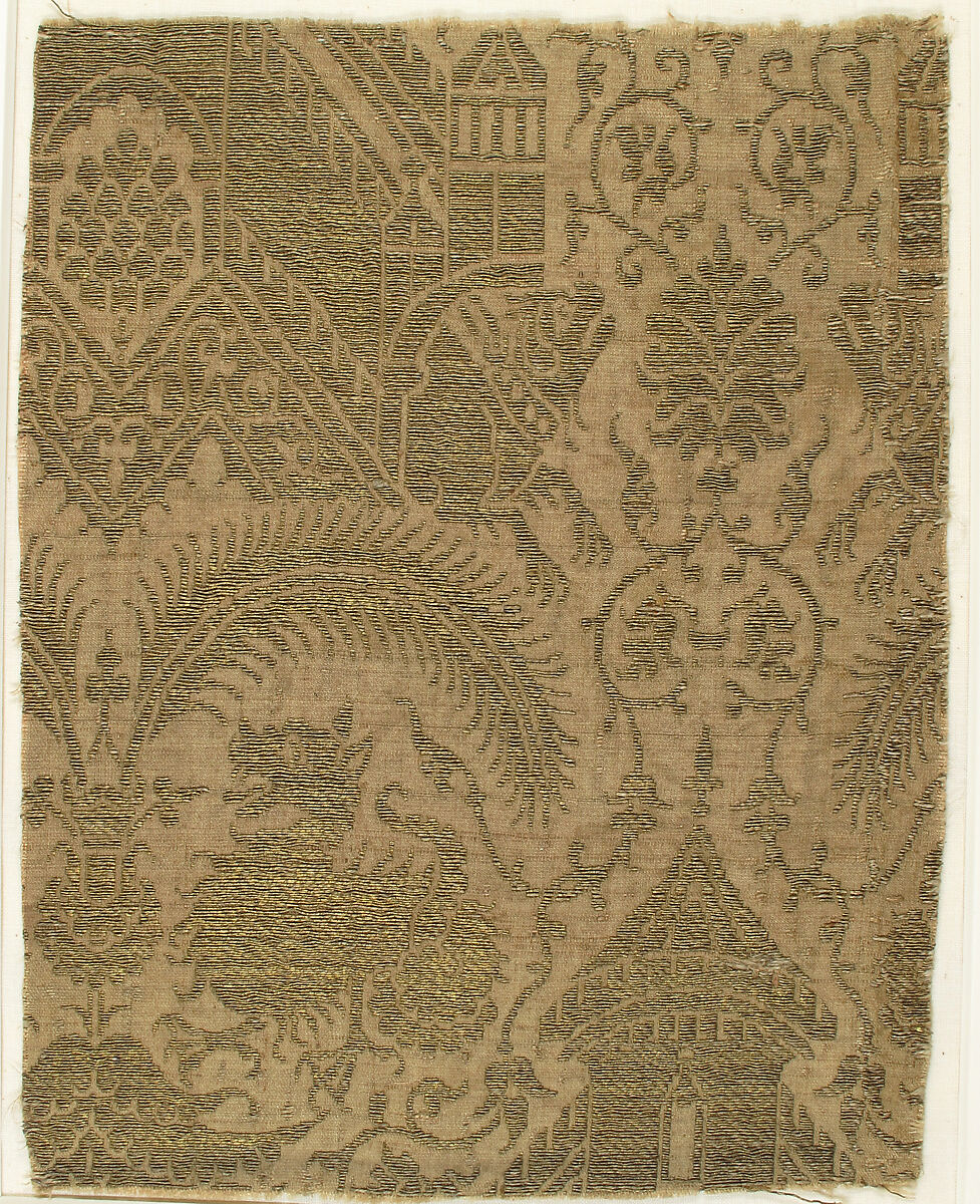 Textile with Figures and Animals in Architectural Setting, Silk, metal thread, Italian 