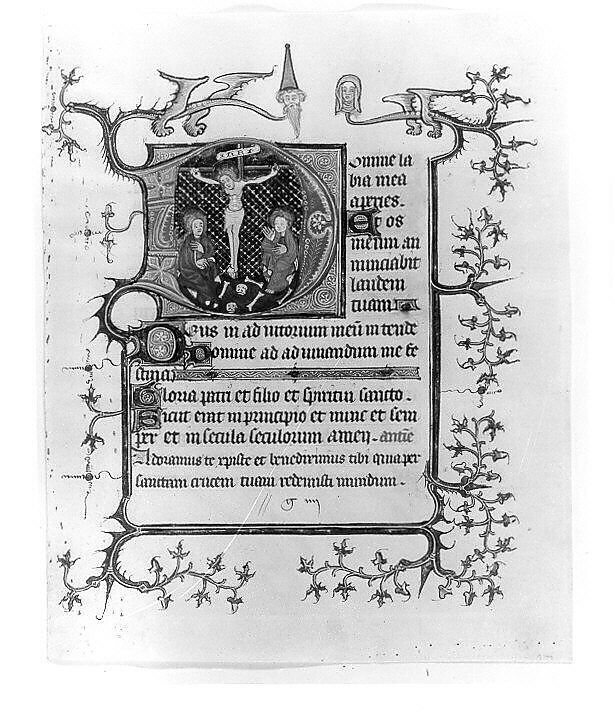 Manuscript Leaf with the Crucifixion in an Initial D, from a Book of Hours, Tempera, ink, and gold on parchment, North French