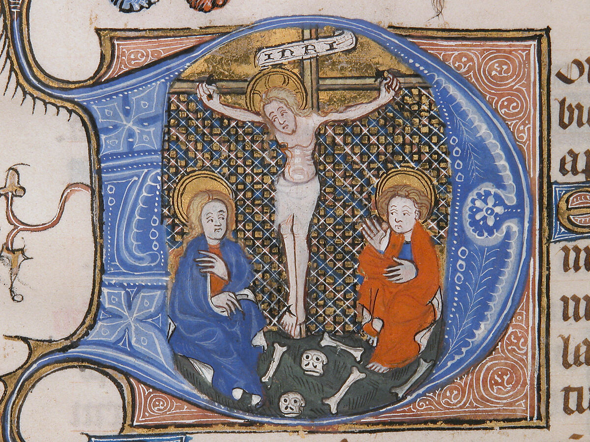 Manuscript Leaf with the Crucifixion in an Initial D, from a Book of Hours, Tempera, ink, and gold on parchment, North French