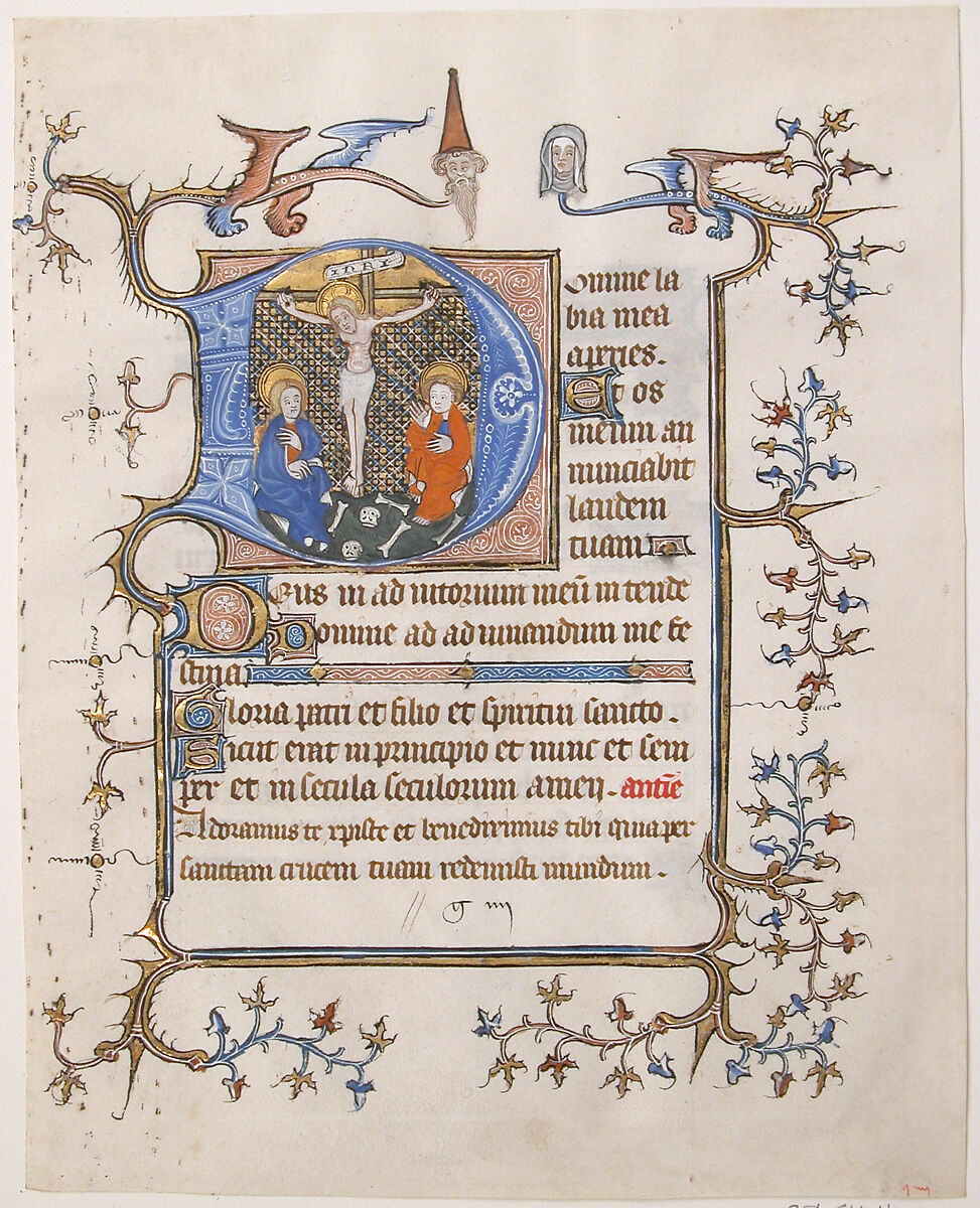 Manuscript Leaf with the Crucifixion in an Initial D, from a Book of Hours, Tempera, ink, and gold on parchment, North French 