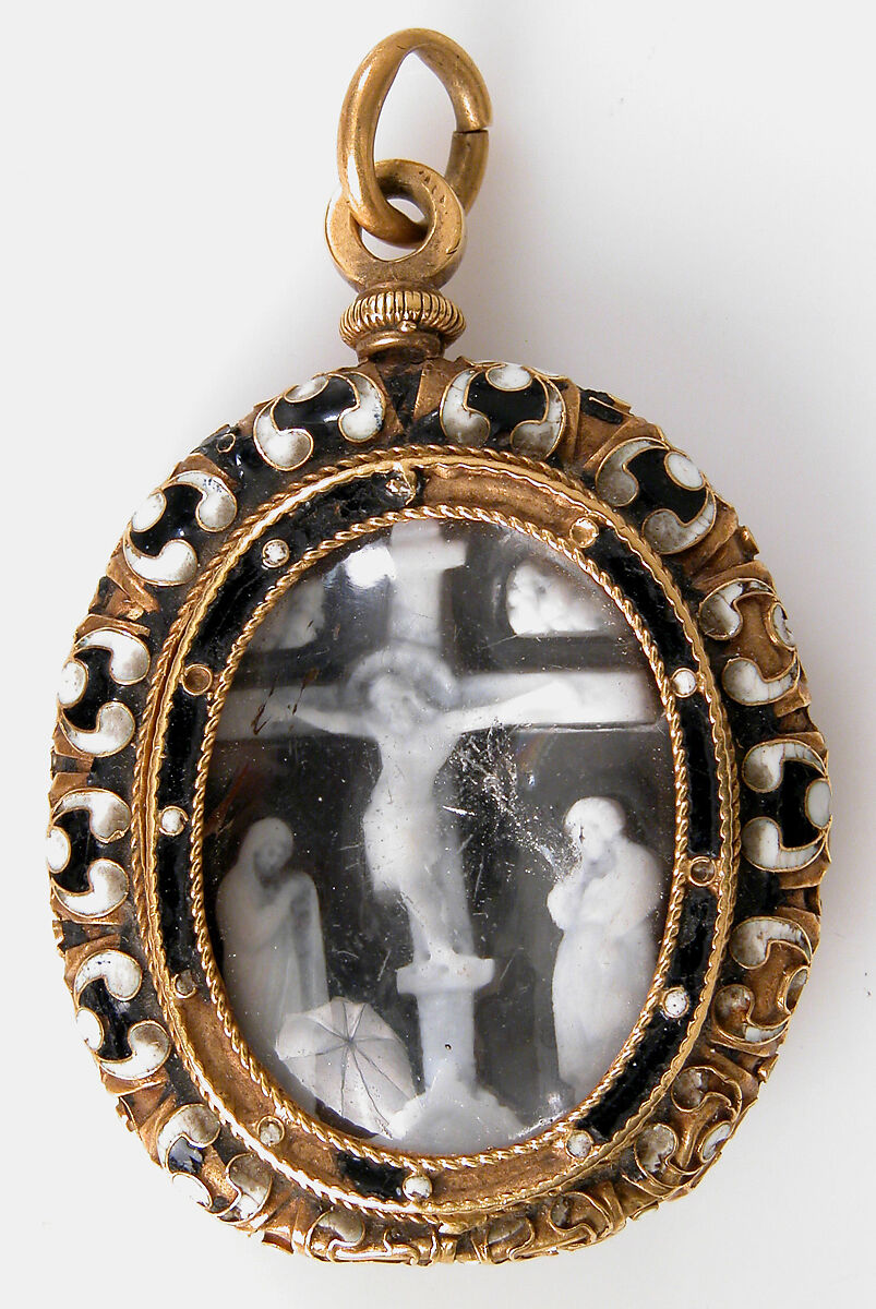 Christ Crucified between the Virgin and Saint John, Sardonyx, rock crystal, gold and enamel mount, French (?)