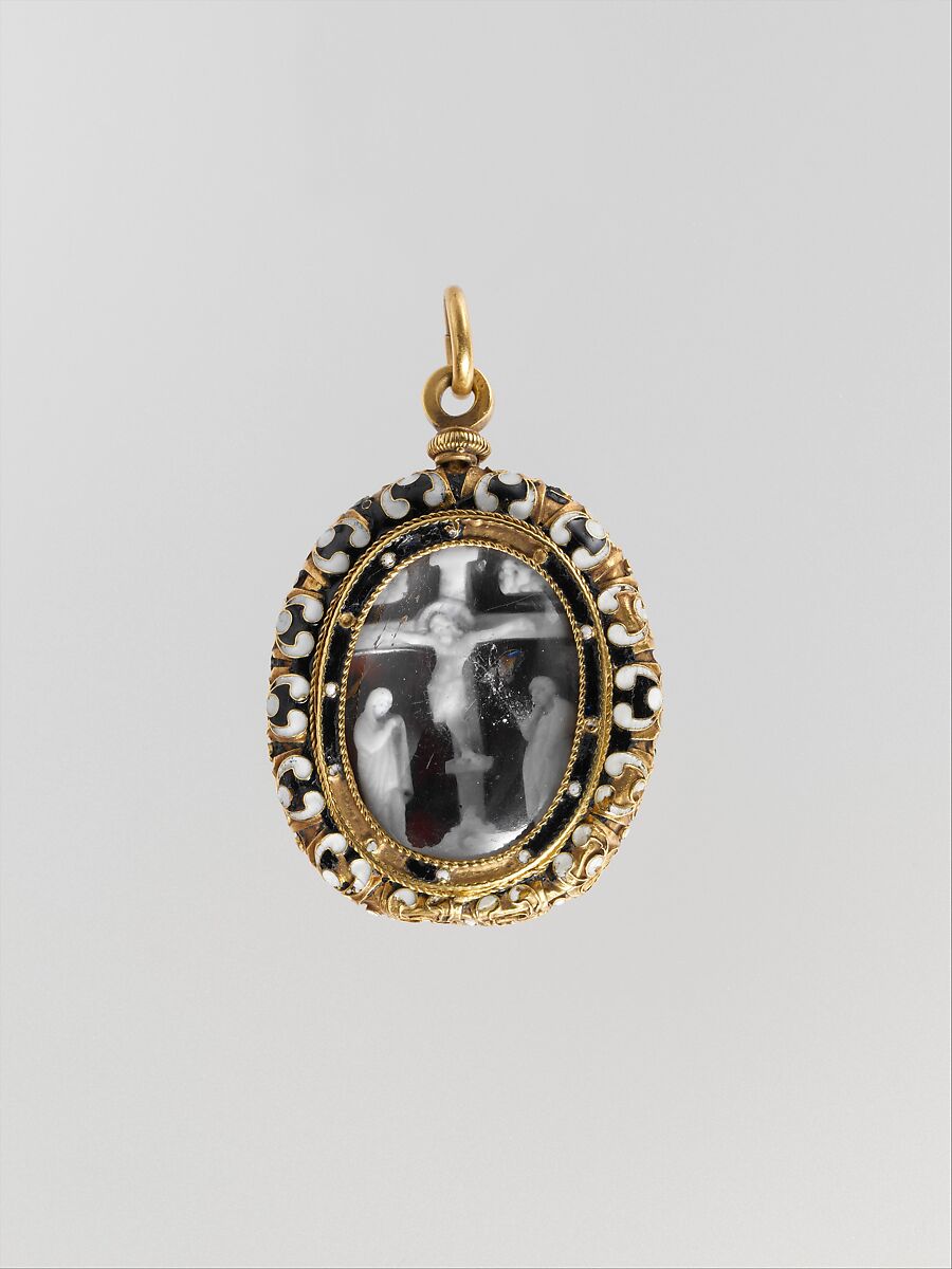 Christ Crucified between the Virgin and Saint John, Sardonyx, rock crystal, gold and enamel mount, French (?) 