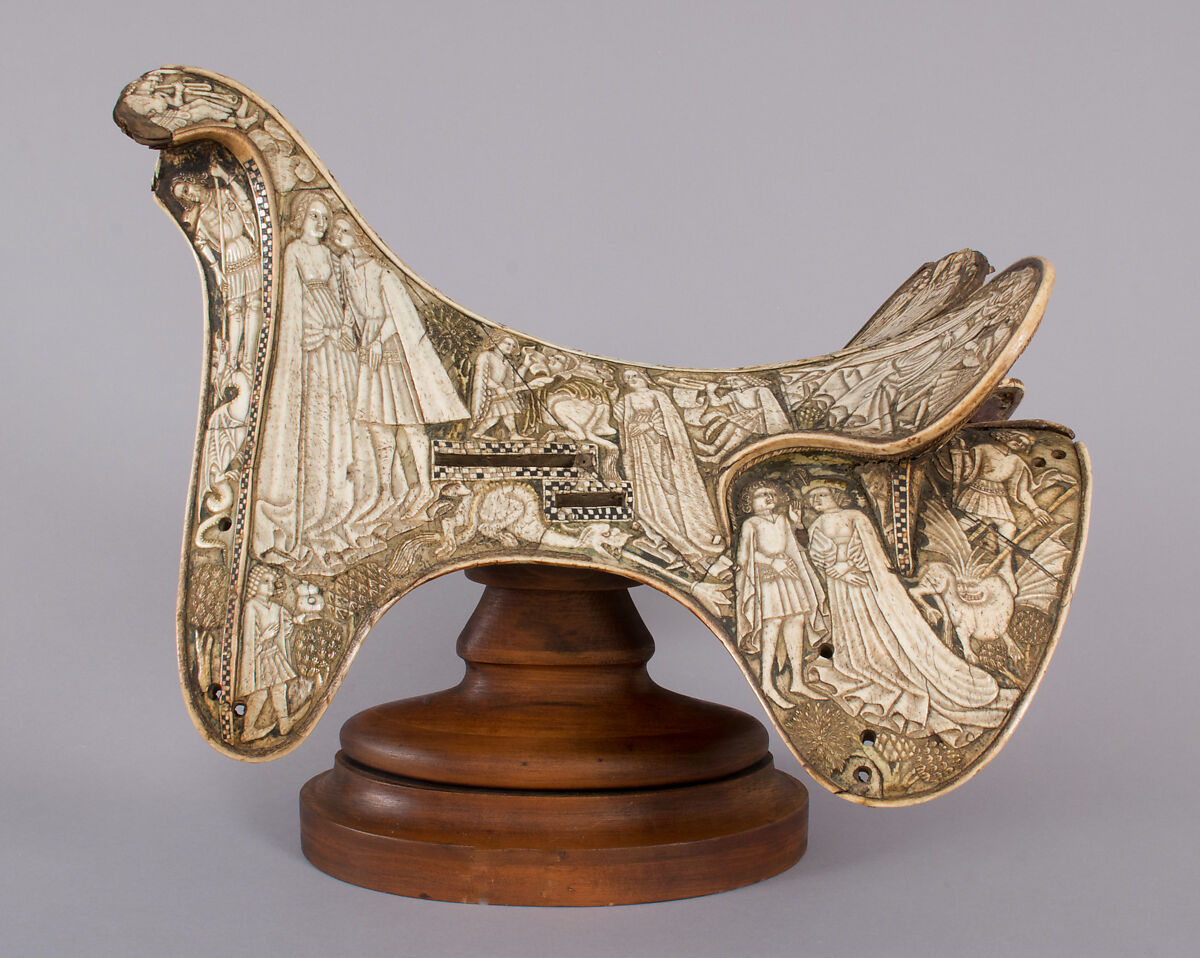 Saddle, Bovine bone (body of saddle), deer antler and bone (decorative elements), limewood, rawhide, birchbark, and metal paint, Central European