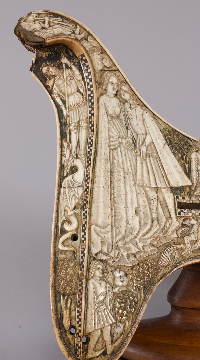 Saddle, Bovine bone (body of saddle), deer antler and bone (decorative elements), limewood, rawhide, birchbark, and metal paint, Central European