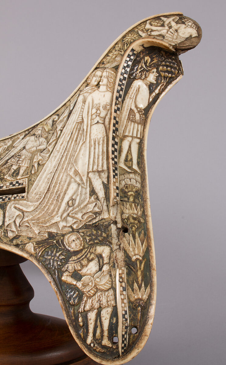 Saddle, Bovine bone (body of saddle), deer antler and bone (decorative elements), limewood, rawhide, birchbark, and metal paint, Central European