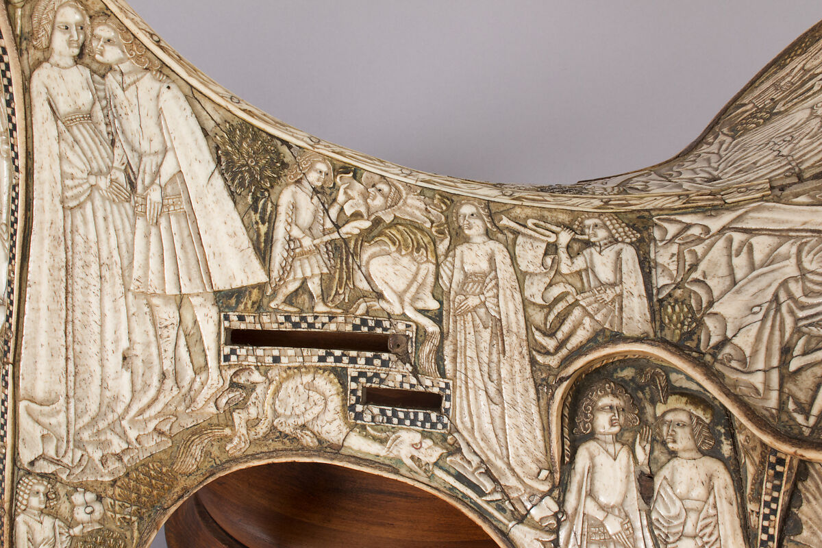 Saddle, Bovine bone (body of saddle), deer antler and bone (decorative elements), limewood, rawhide, birchbark, and metal paint, Central European