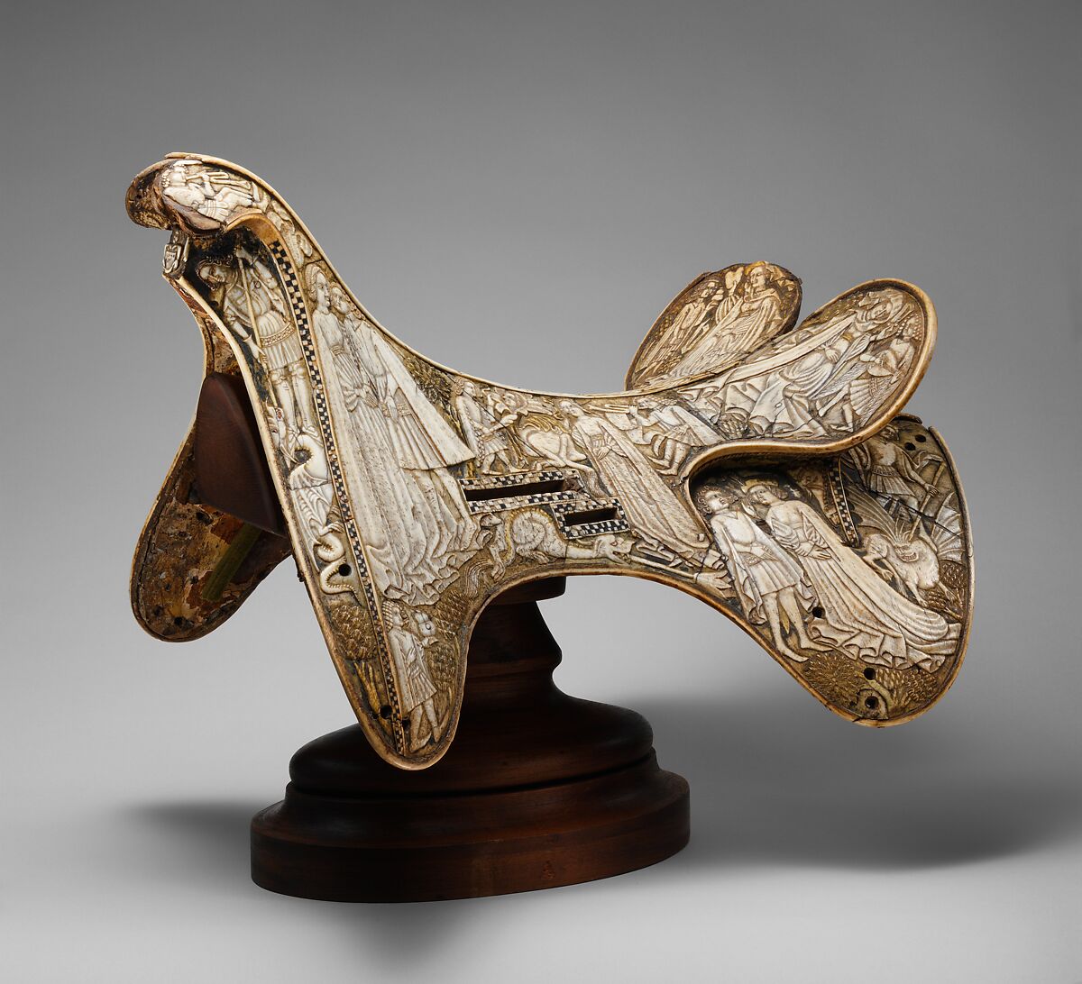 Saddle, Staghorn, limewood, rawhide, birchbark, metal, paint, Central European