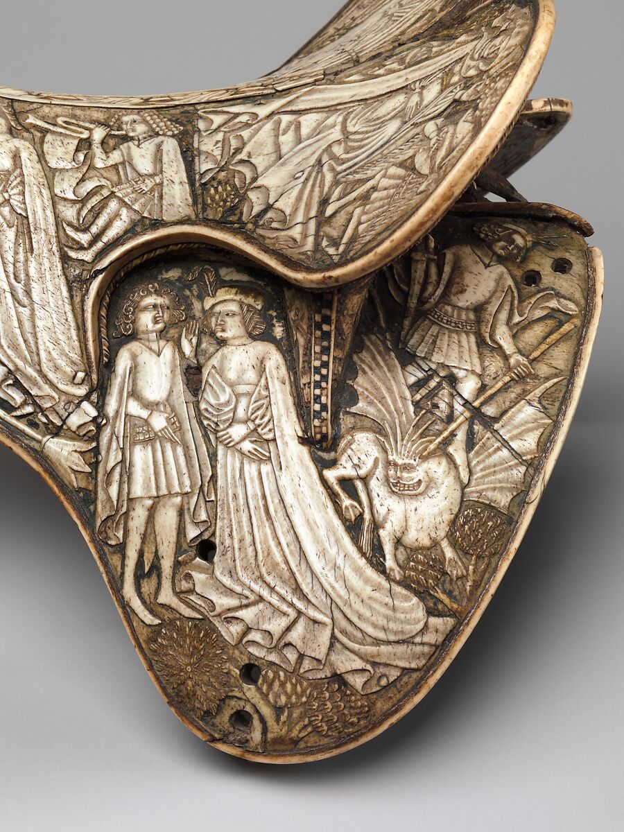 Saddle, Bovine bone (body of saddle), deer antler and bone (decorative elements), limewood, rawhide, birchbark, and metal paint, Central European