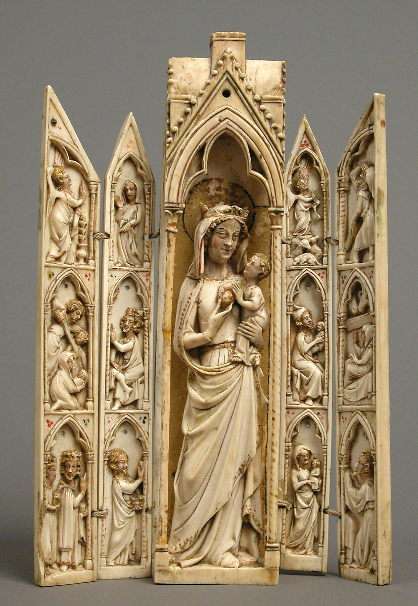 Folding Shrine with Virgin and Child, Elephant ivory, traces of paint and gilding, French 