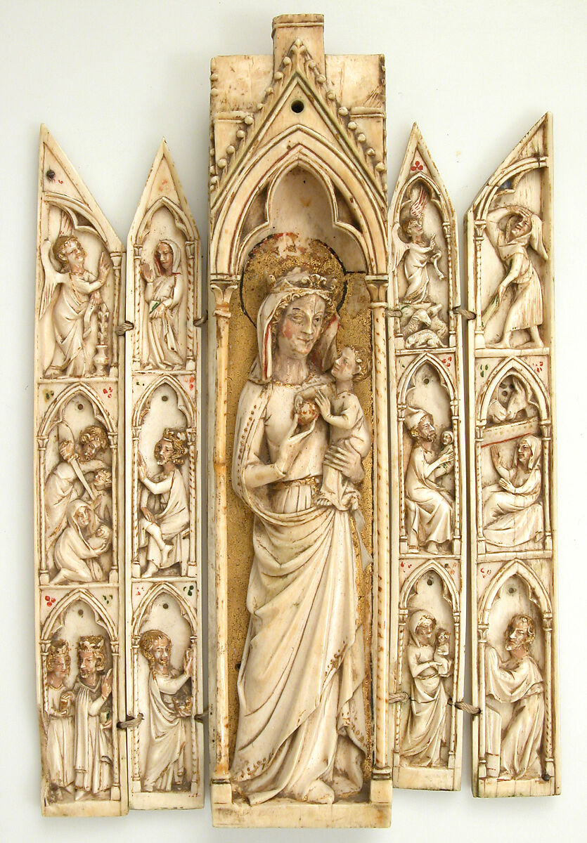 Folding Shrine with Virgin and Child, Elephant ivory, traces of paint and gilding, French